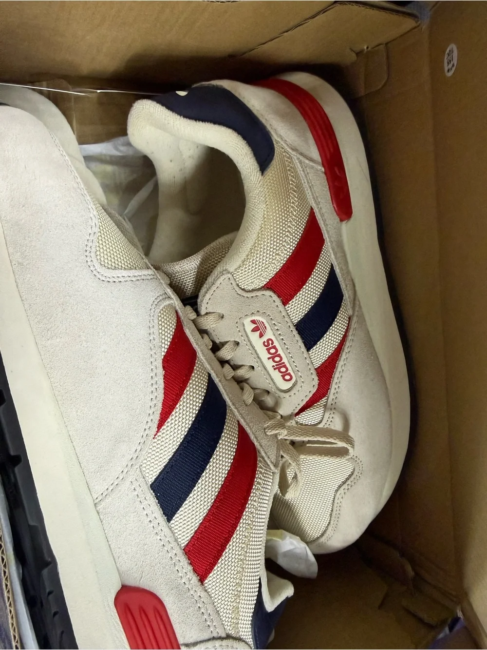 adidas Men’s Cream Sneakers with Red & Navy Stripes